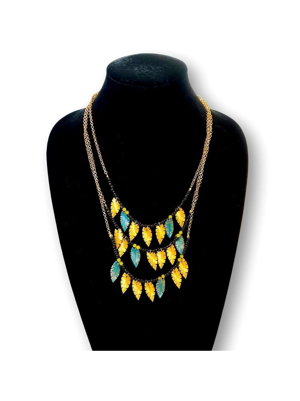 COLDWATER CREEK Layered Gold Teal Leaf & Semi-precious Stone Long Neckla…